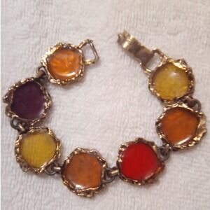 Artisan Multicolored Gemstone Link Bracelet Gold Tone Women's Fashion Jewelry